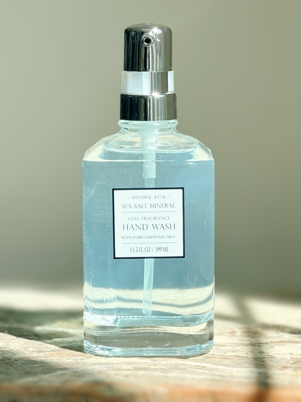NEW Aroma Aria Sea Salt Mineral Hand Wash / Soap Glass Bottle Silver Pump 13.5OZ